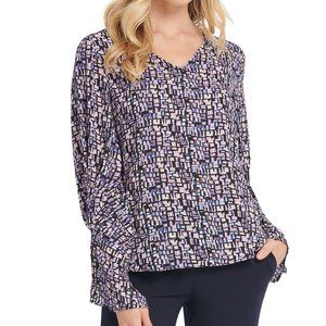 $69.00 DKNY Printed Pleated-Sleeve Blouse, Purple- multi, Size XL